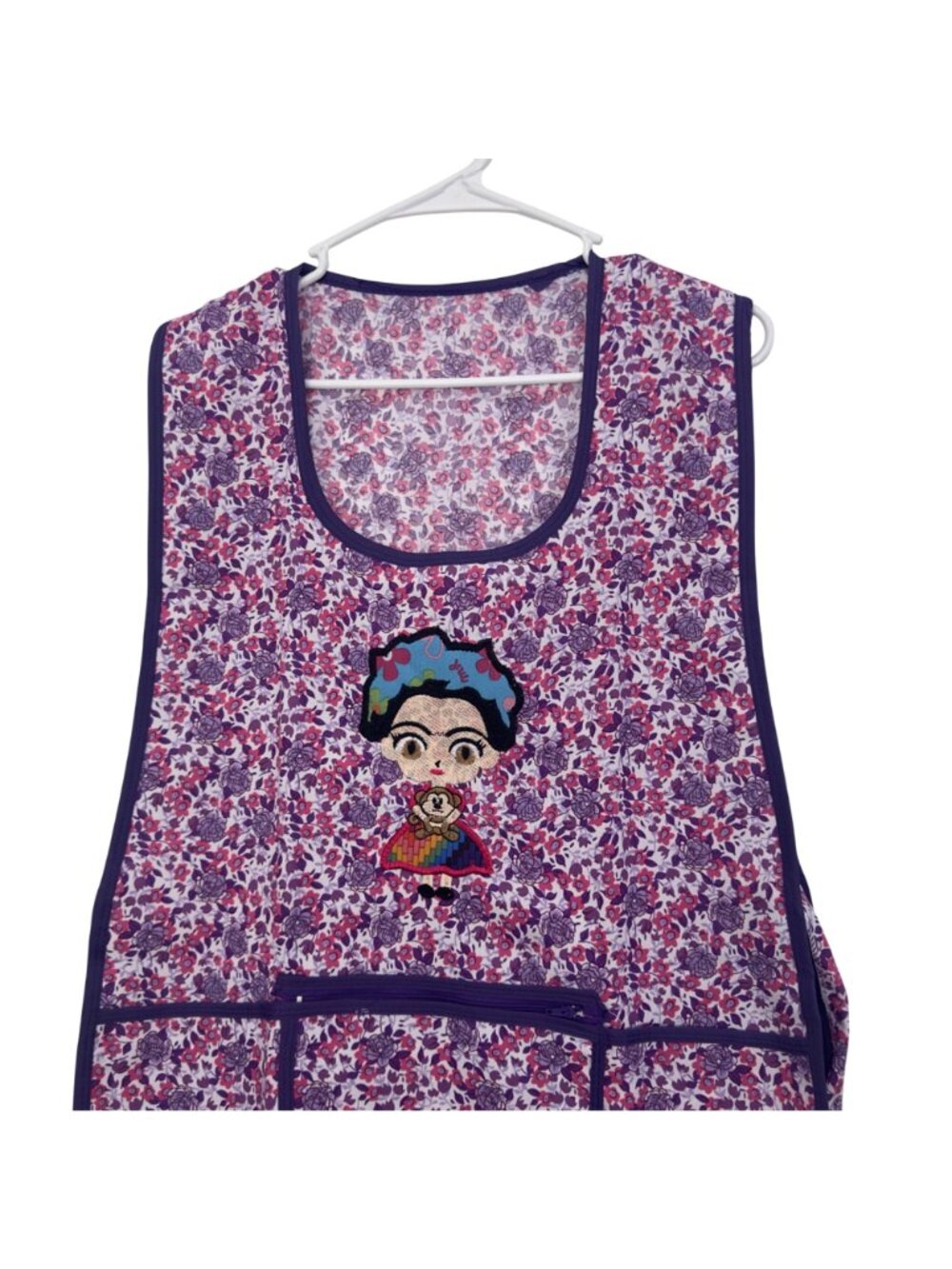 Floral Kitchen Apron With Frida Embroidery & Pockets Purple & Pink Adjustable Ti - Picture 3 of 6